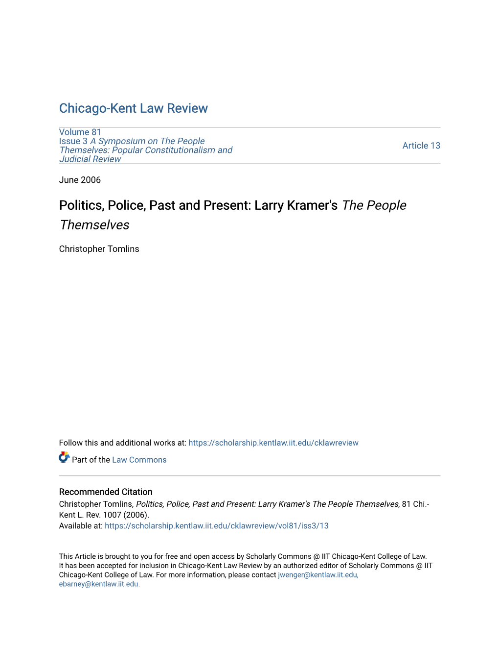 Politics, Police, Past and Present: Larry Kramer's the People Themselves