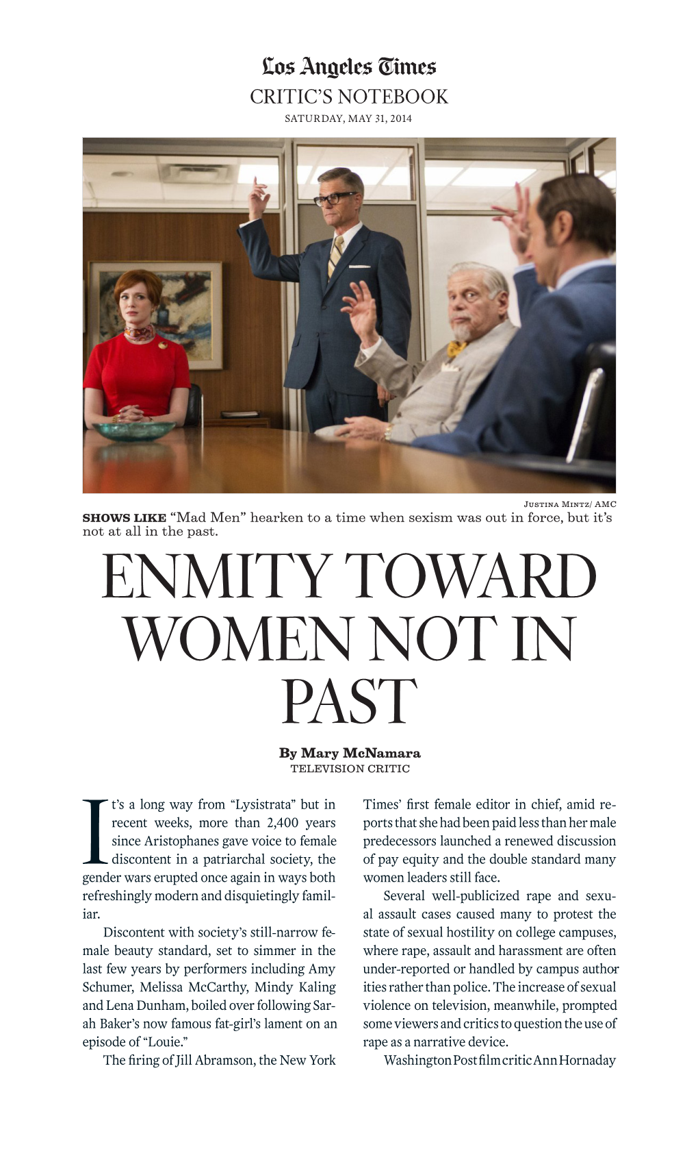 ENMITY TOWARD WOMEN NOT in PAST by Mary Mcnamara TELEVISION CRITIC