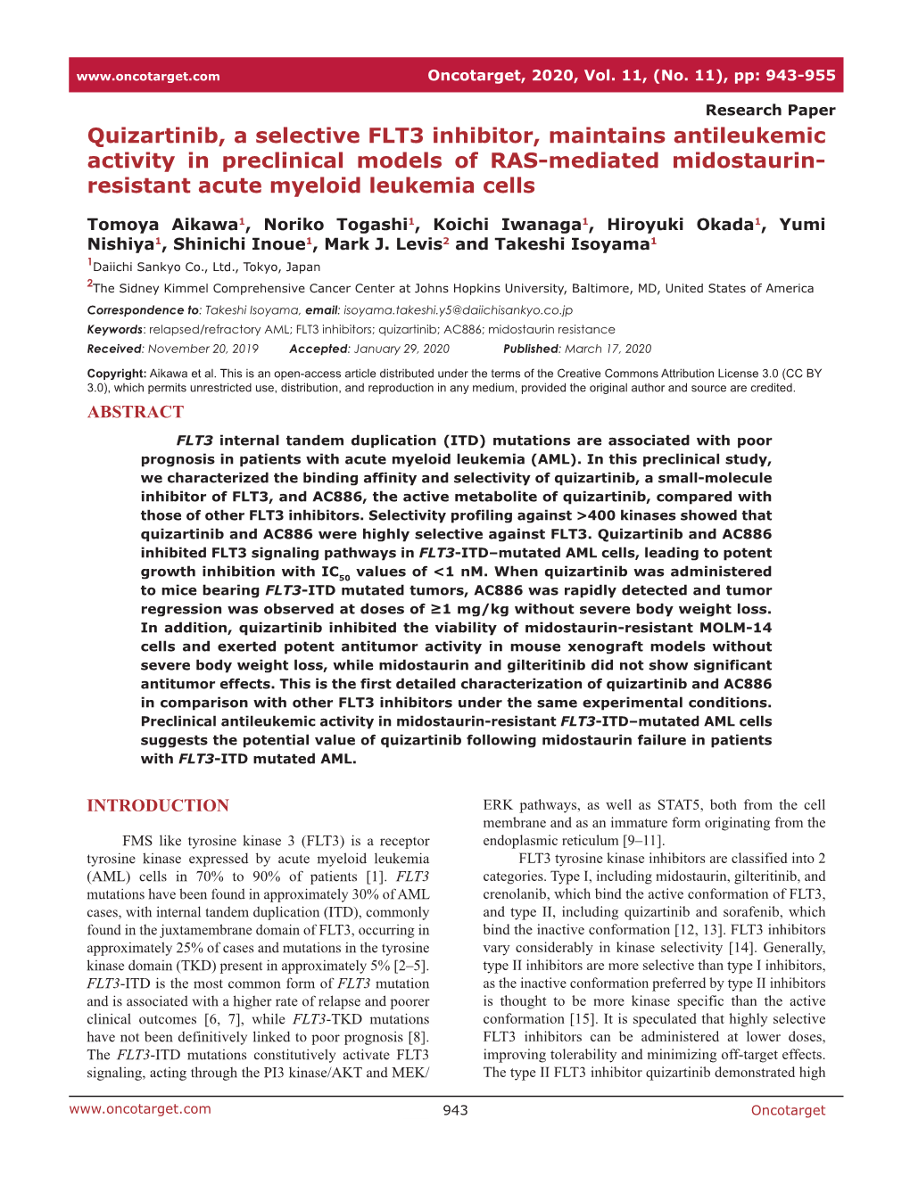 Quizartinib, a Selective FLT3 Inhibitor, Maintains Antileukemic Activity in Preclinical Models of RAS-Mediated Midostaurin- Resistant Acute Myeloid Leukemia Cells