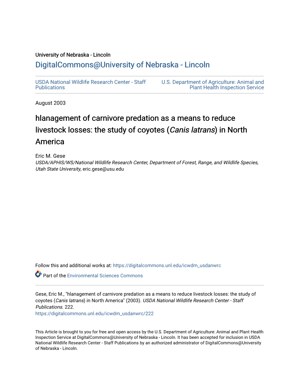 Hlanagement of Carnivore Predation As a Means to Reduce Livestock Losses: the Study of Coyotes (Canis Latrans) in North America