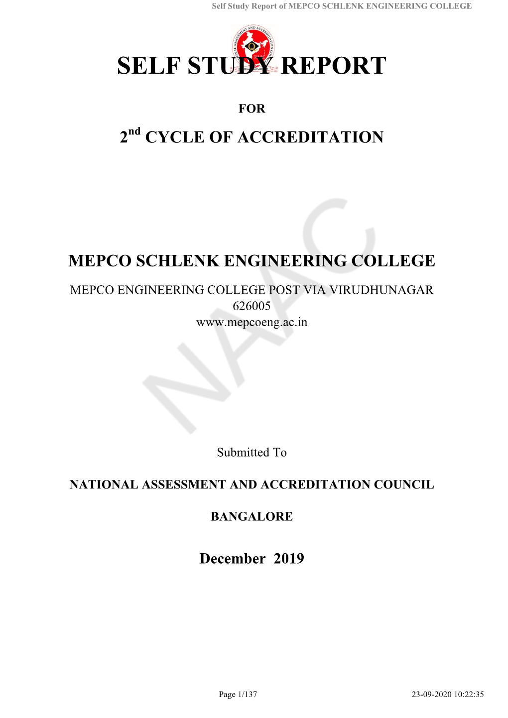 Self Study Report of MEPCO SCHLENK ENGINEERING COLLEGE