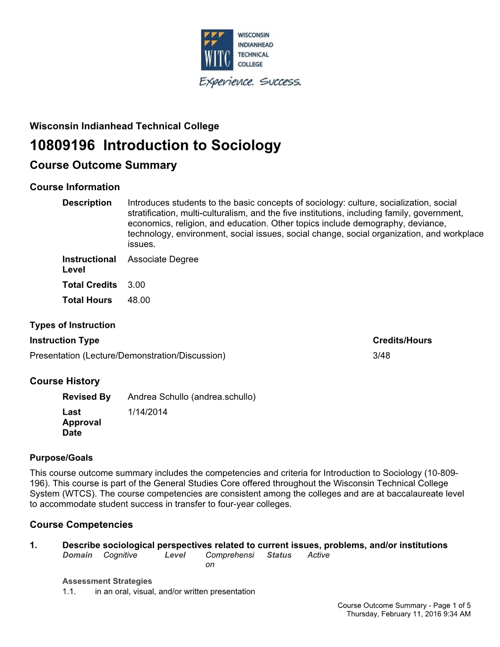 10809196 Introduction to Sociology Course Outcome Summary