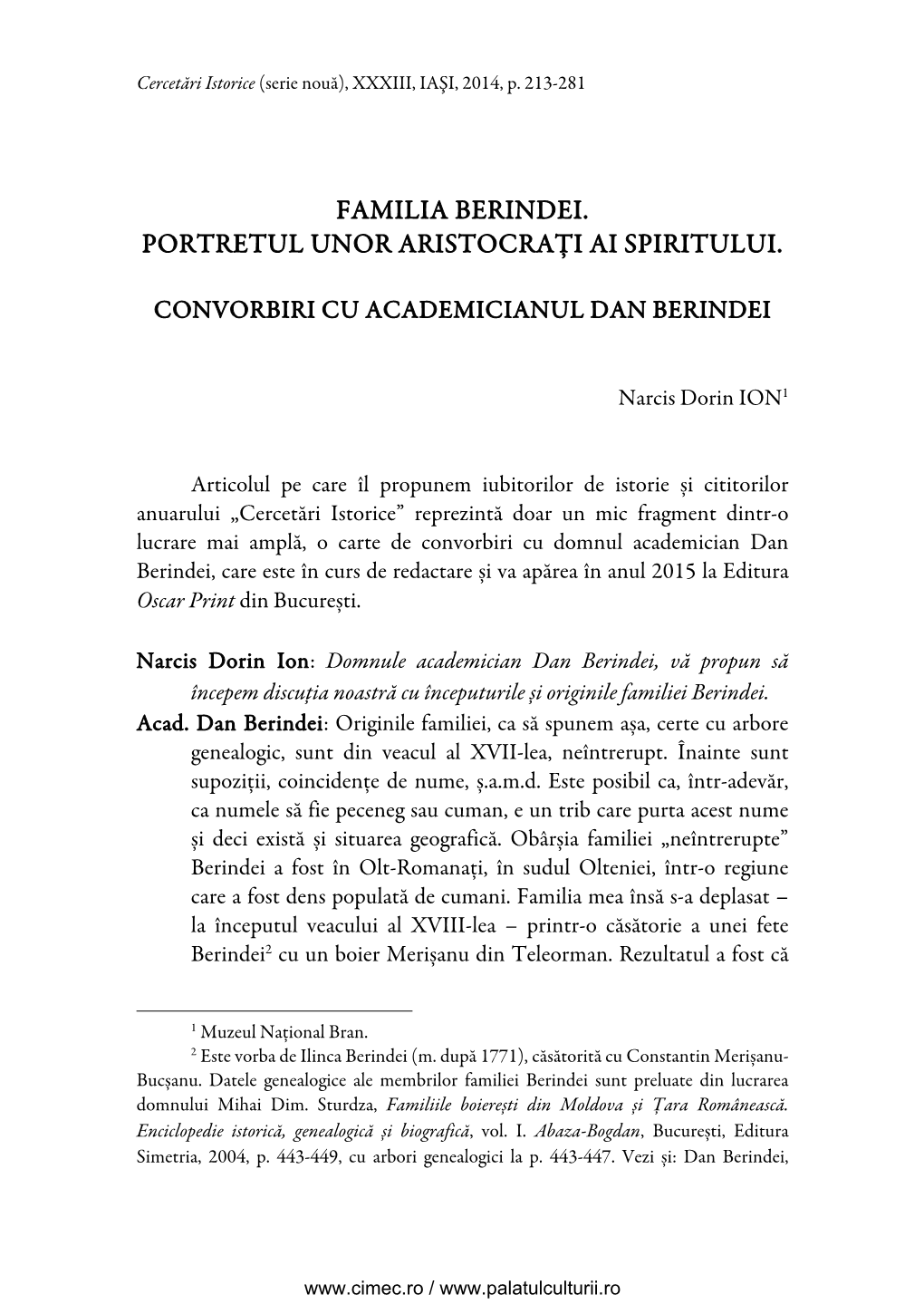 Familia Berindei. Portretul Unor Aristocrați Ai Spiritului