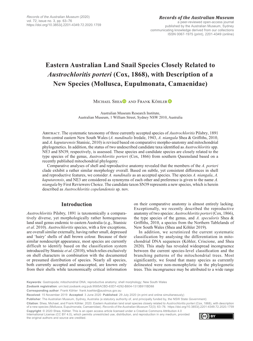 Eastern Australian Land Snail Species Closely Related to Austrochloritis Porteri (Cox, 1868), with Description of a New Species (Mollusca, Eupulmonata, Camaenidae)