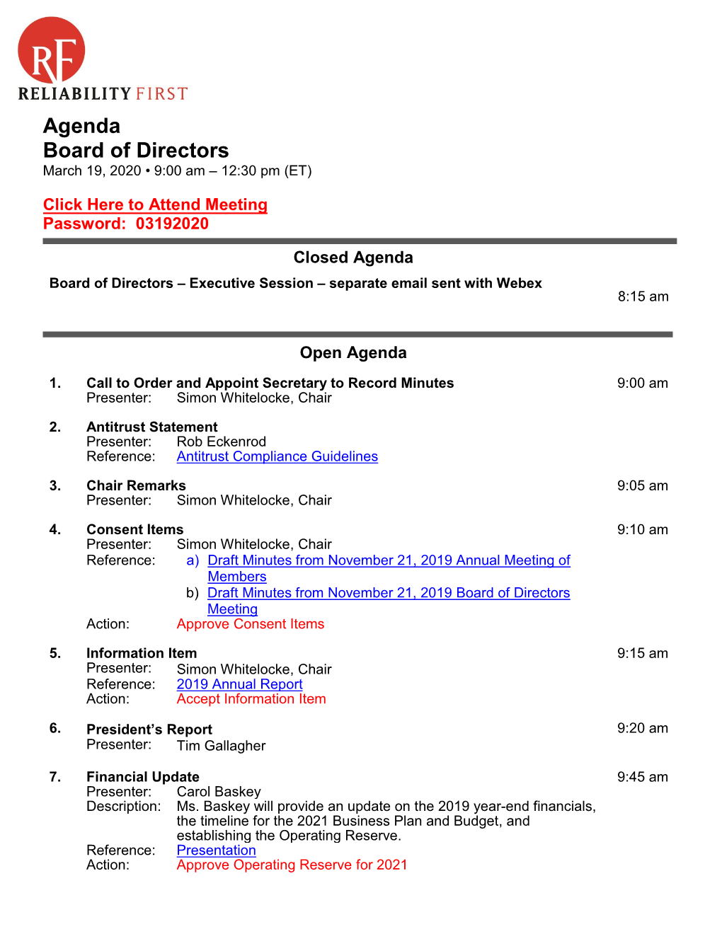 Agenda Board of Directors March 19, 2020 • 9:00 Am – 12:30 Pm (ET)