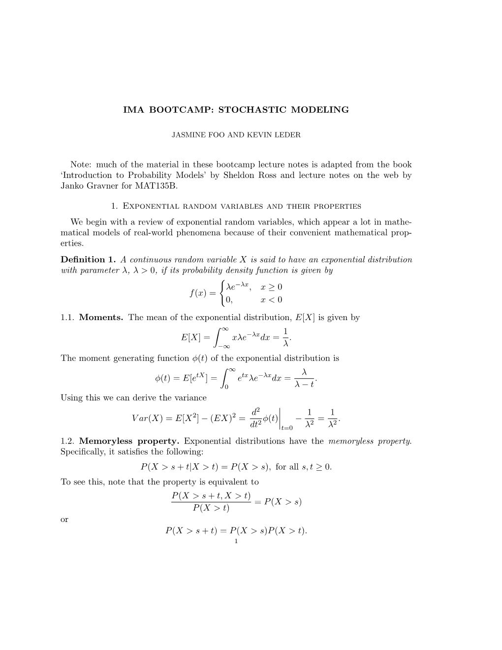 STOCHASTIC MODELING Note