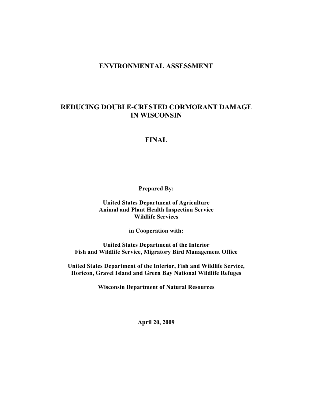 2009 Reducing Double-Crested Cormorant Damage in Wisconsin EA