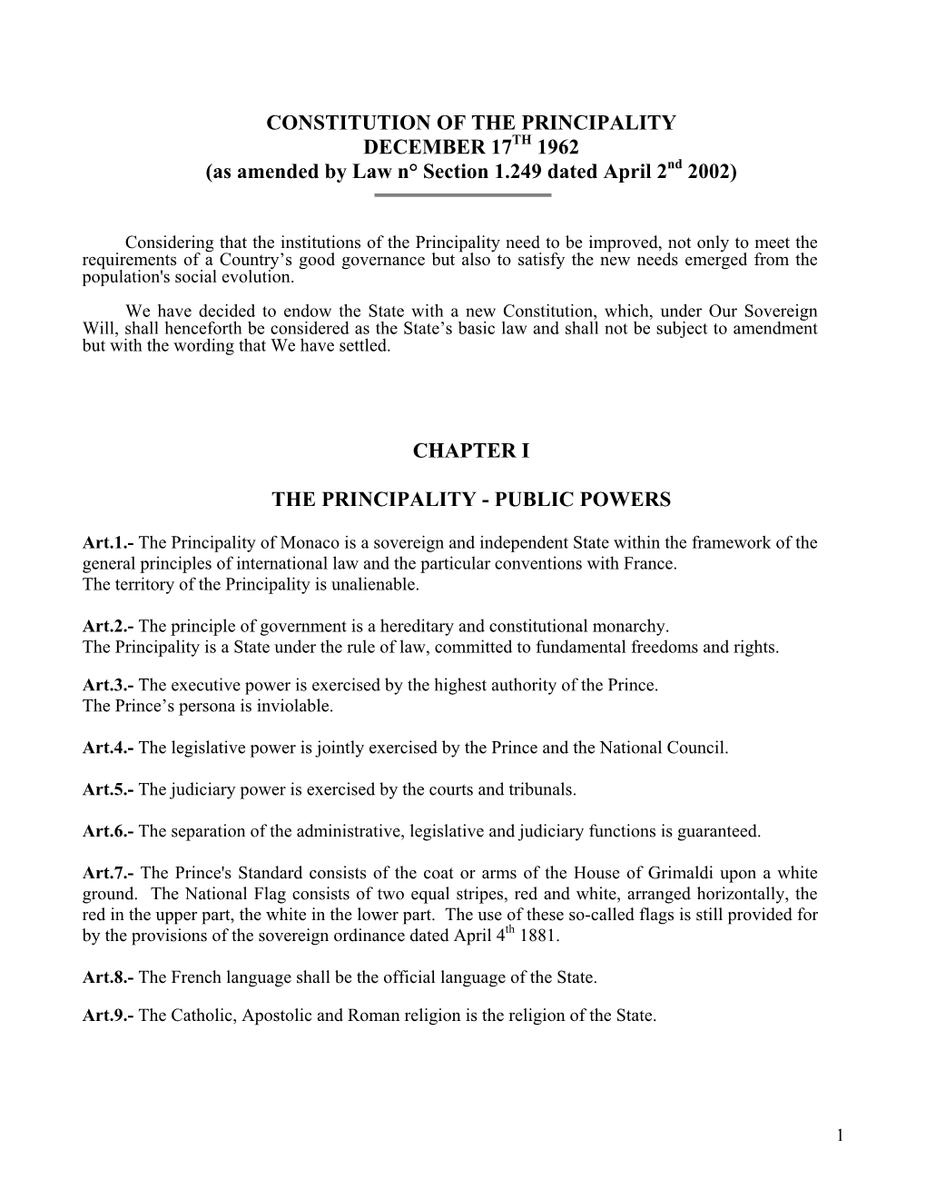 Constitution of the Principality of December 17, 1962 (As Amended