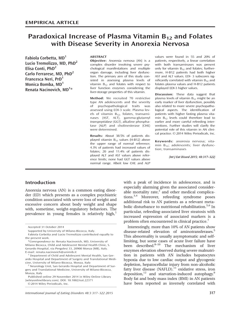 Paradoxical Increase of Plasma Vitamin B12 and Folates with Disease Severity in Anorexia Nervosa