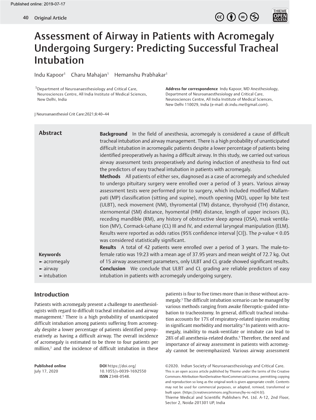 Assessment of Airway in Patients with Acromegaly Undergoing Surgery: Predicting Successful Tracheal Intubation