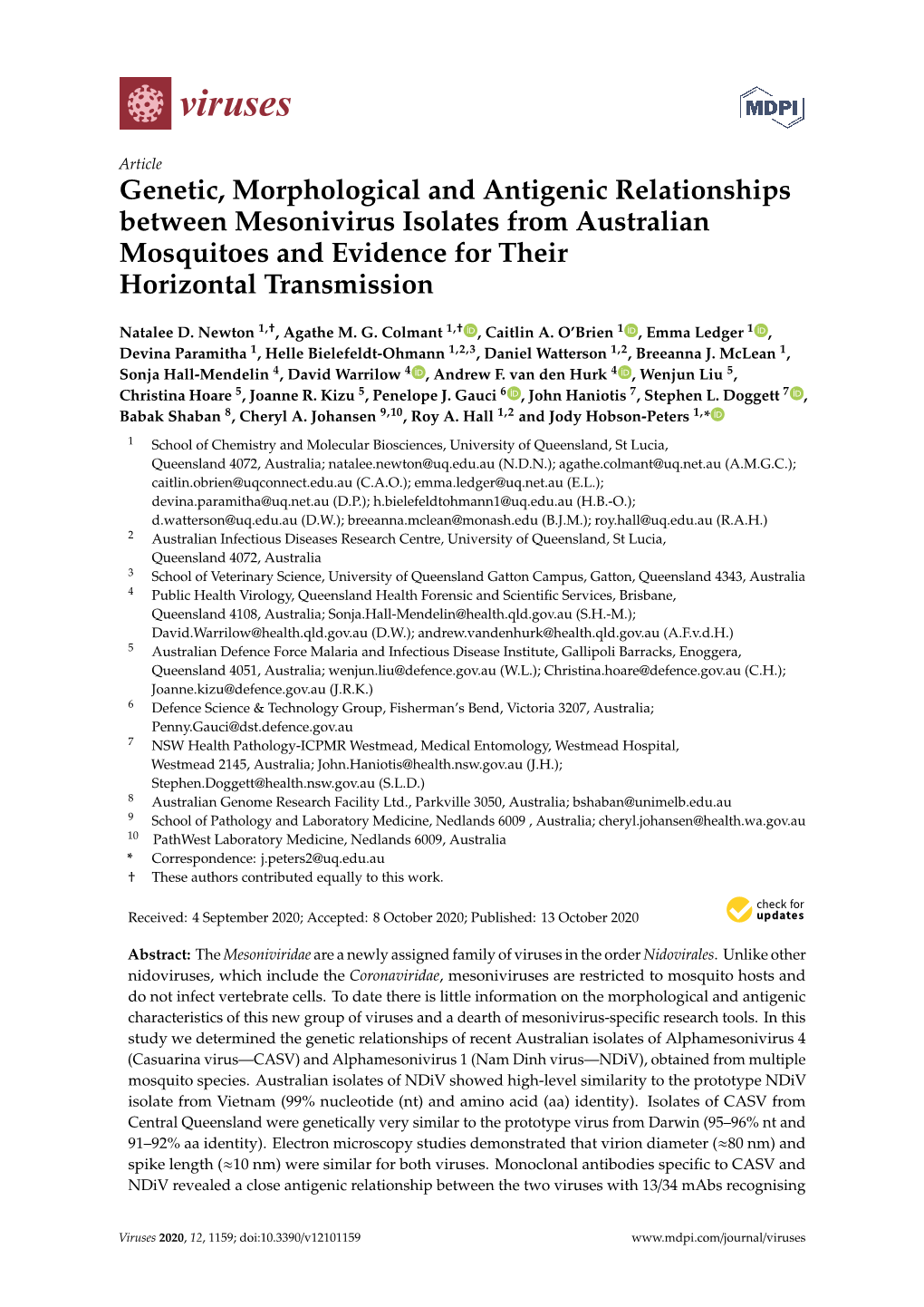 Genetic, Morphological and Antigenic Relationships Between Mesonivirus Isolates from Australian Mosquitoes and Evidence for Their Horizontal Transmission