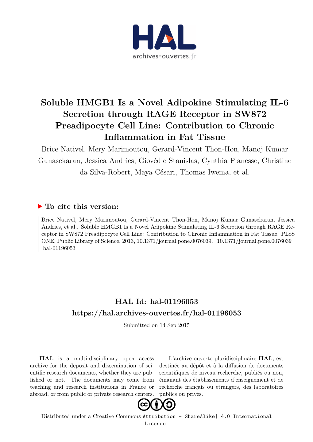 Soluble HMGB1 Is a Novel Adipokine Stimulating