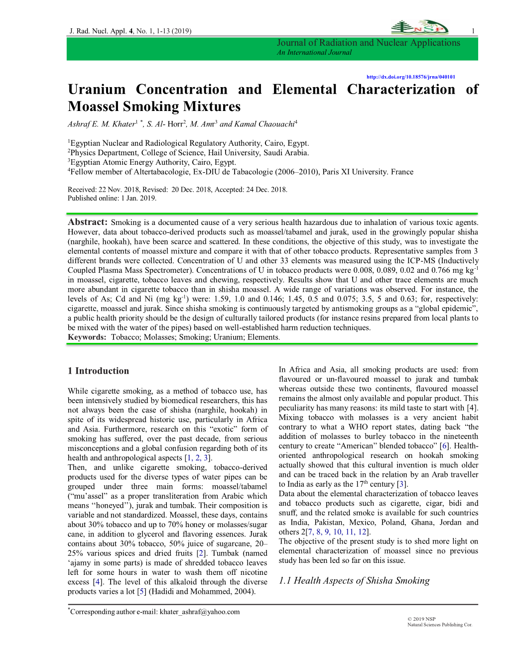 Uranium Concentration and Elemental Characterization of Moassel Smoking Mixtures Ashraf E