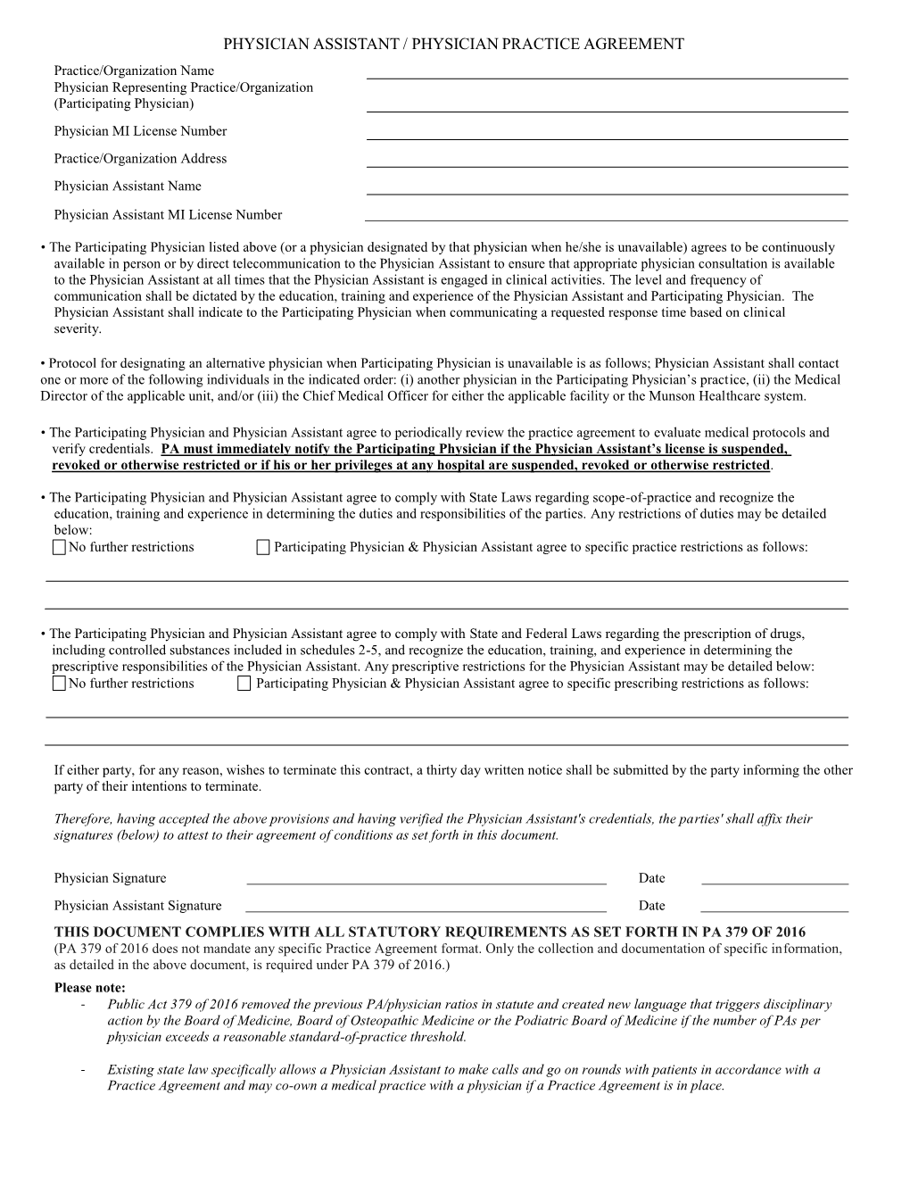 Physician Assistant / Physician Practice Agreement