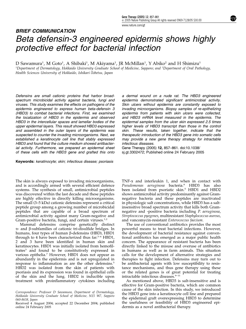 Beta Defensin-3 Engineered Epidermis Shows Highly Protective Effect for Bacterial Infection