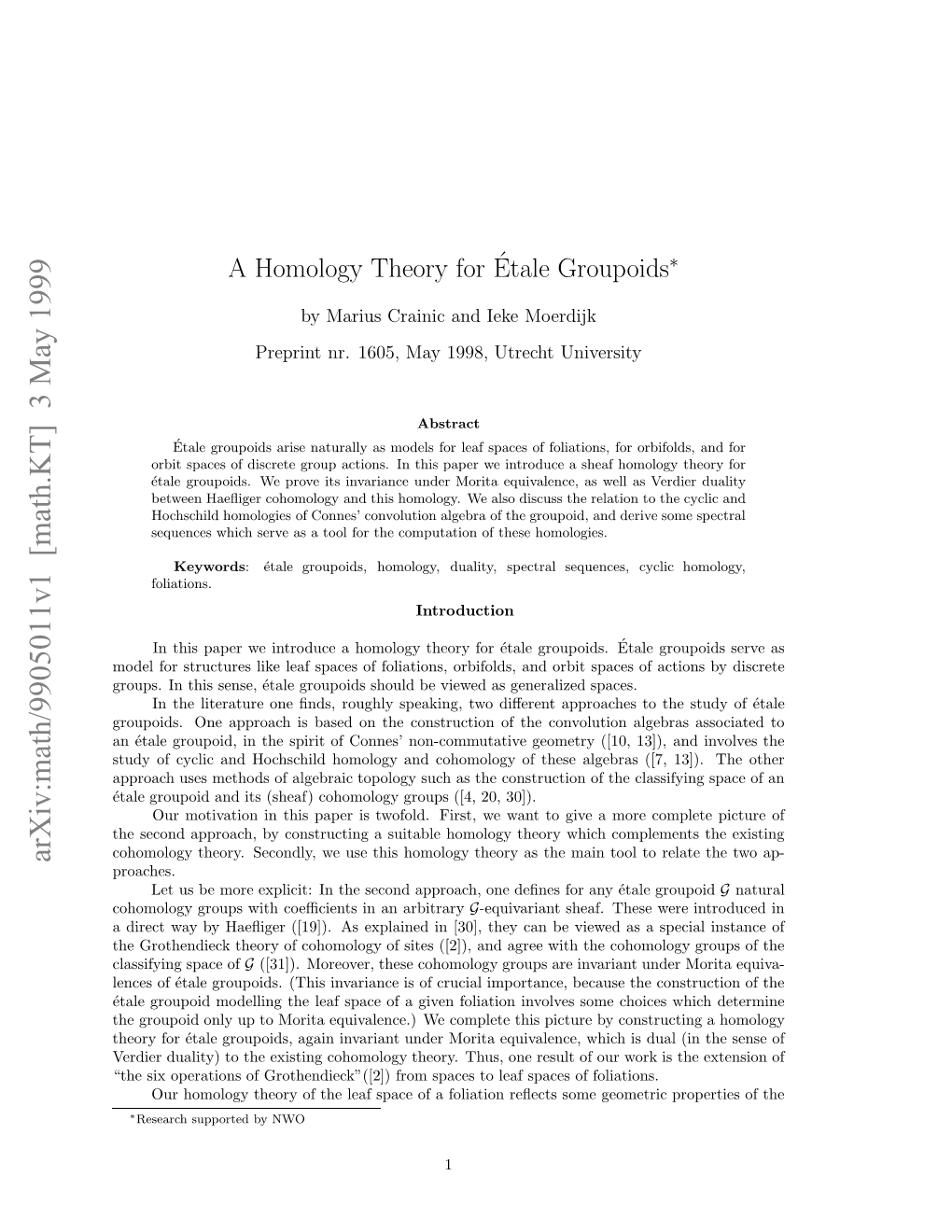 A Homology Theory For´Etale Groupoids