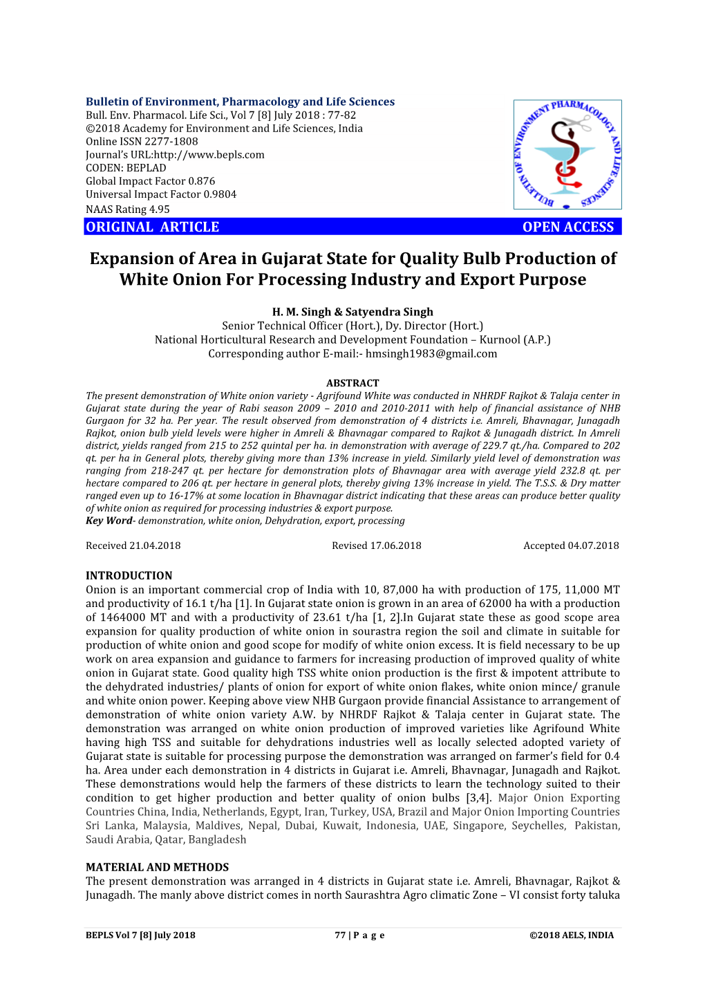 Expansion of Area in Gujarat State for Quality Bulb Production of White Onion for Processing Industry and Export Purpose