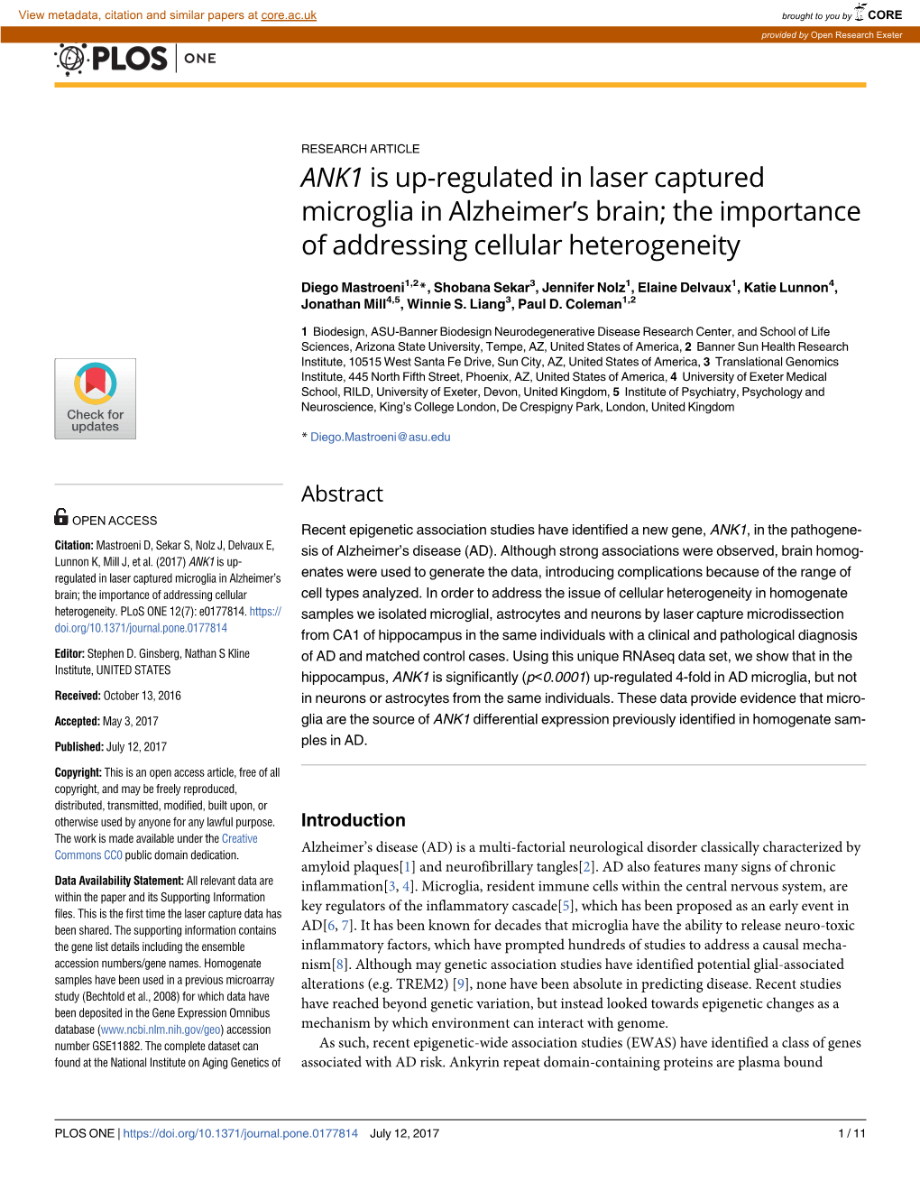 ANK1 Is Up-Regulated in Laser Captured Microglia in Alzheimer’S Brain; the Importance of Addressing Cellular Heterogeneity