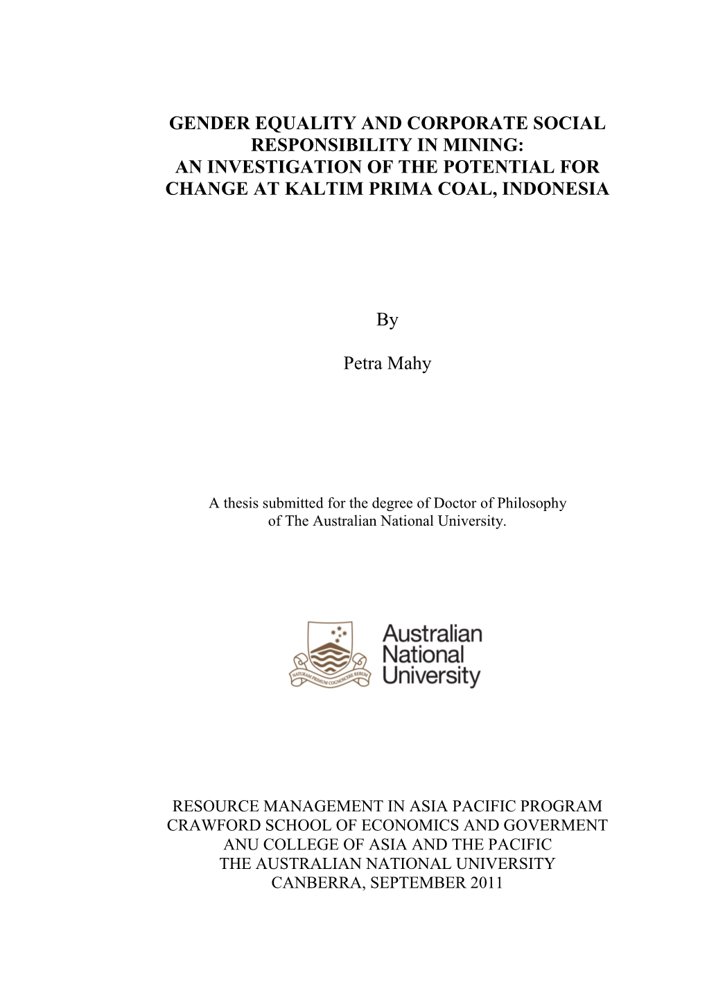 Gender Equality and Corporate Social Responsibility in Mining: an Investigation of the Potential for Change at Kaltim Prima Coal, Indonesia