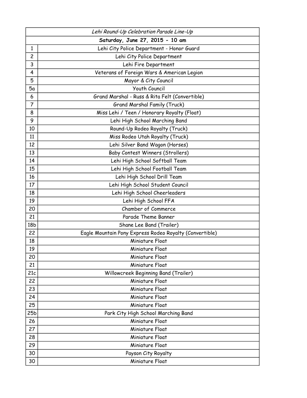 Lehi Round-Up Celebration Parade Line-Up