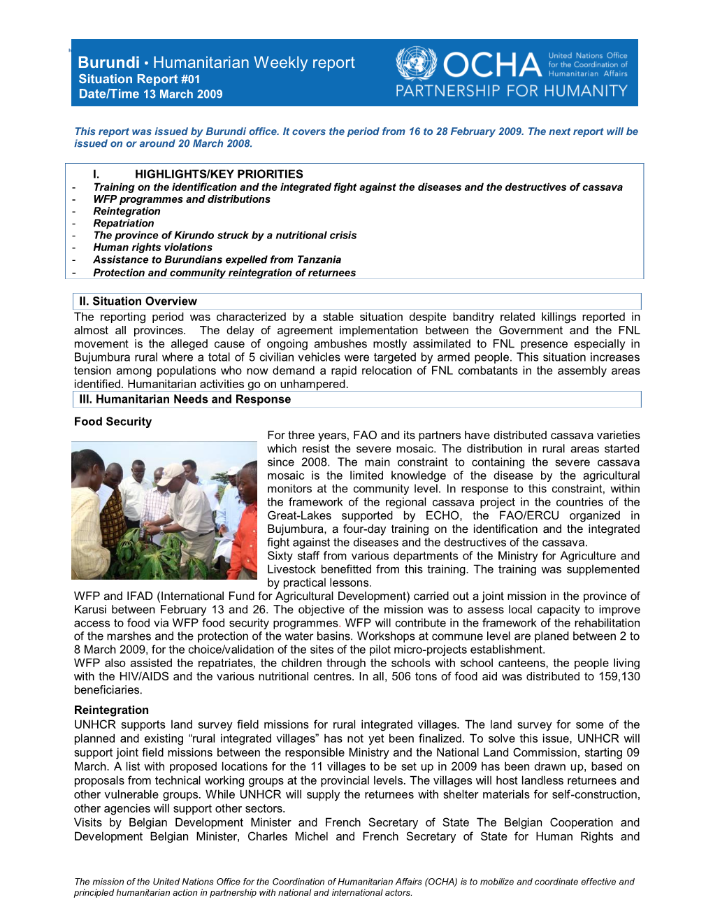 Burundi • Humanitarian Weekly Report Situation Report #01 Date/Time 13 March 2009