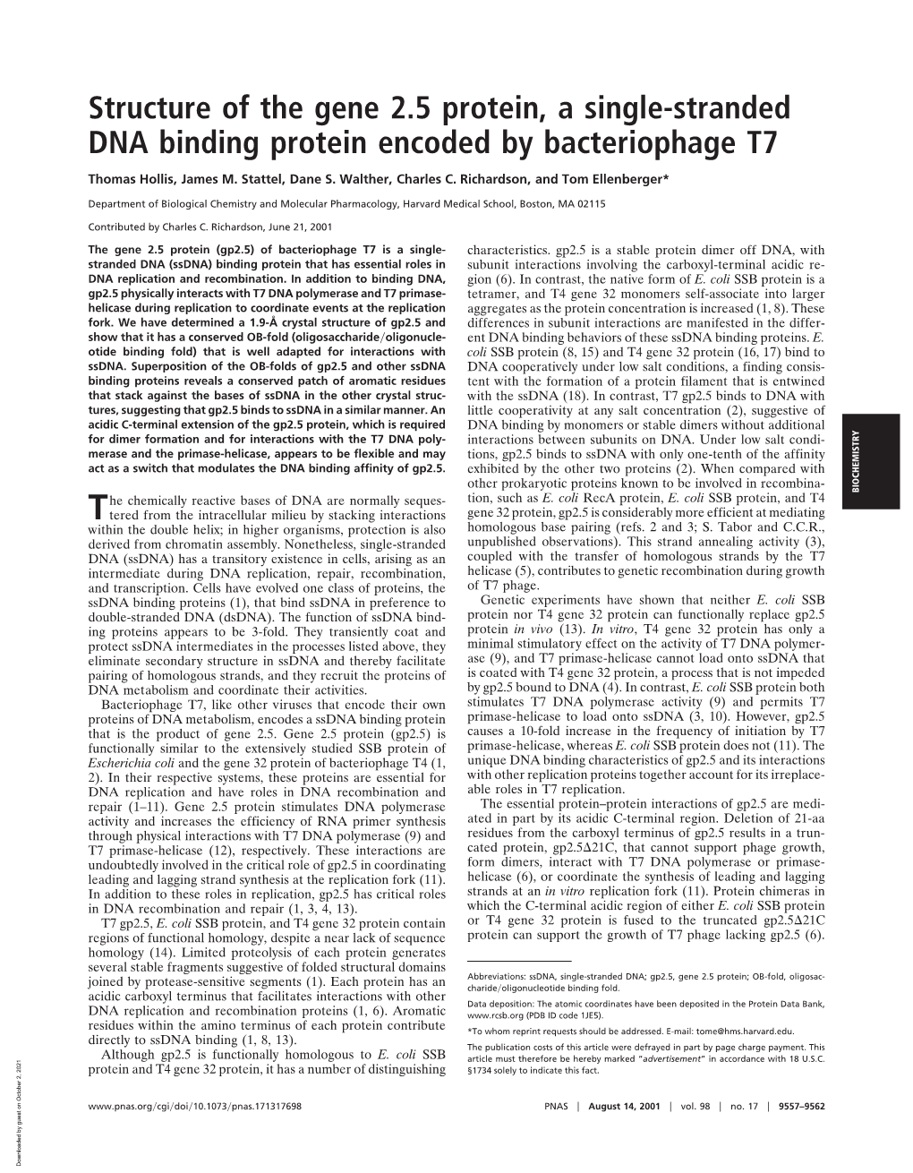 Structure of the Gene 2.5 Protein, a Single-Stranded DNA Binding Protein Encoded by Bacteriophage T7