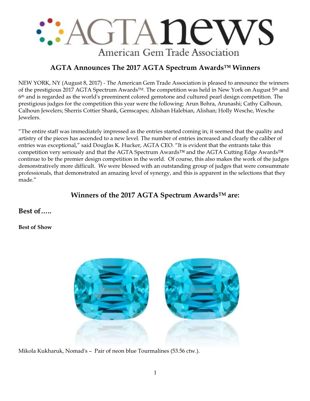 AGTA Announces the 2017 AGTA Spectrum Awards™ Winners