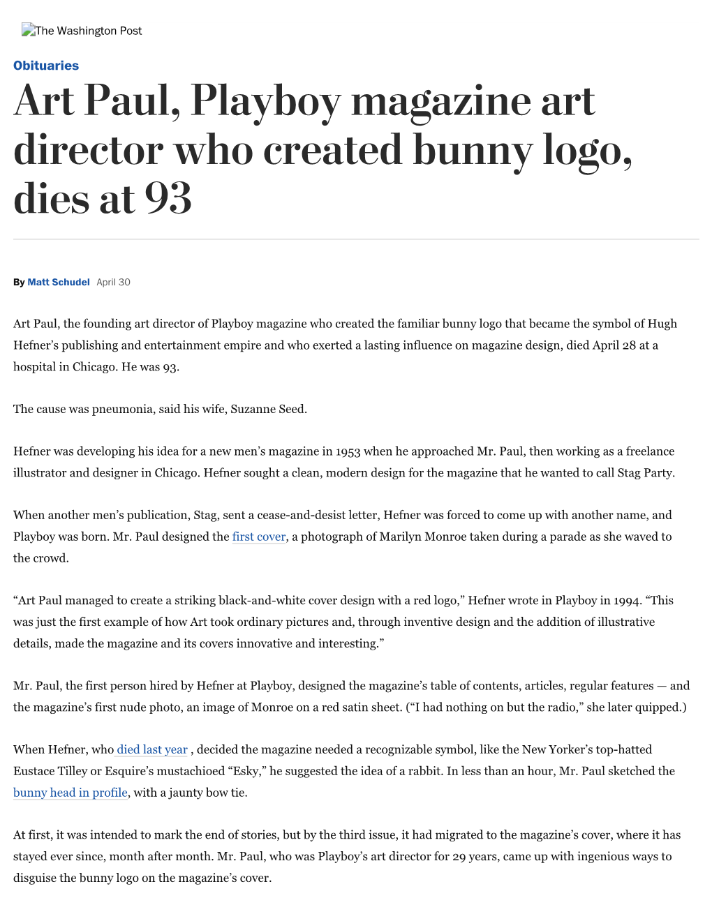 Art Paul, Playboy Magazine Art Director Who Created Bunny Logo, Dies at 93