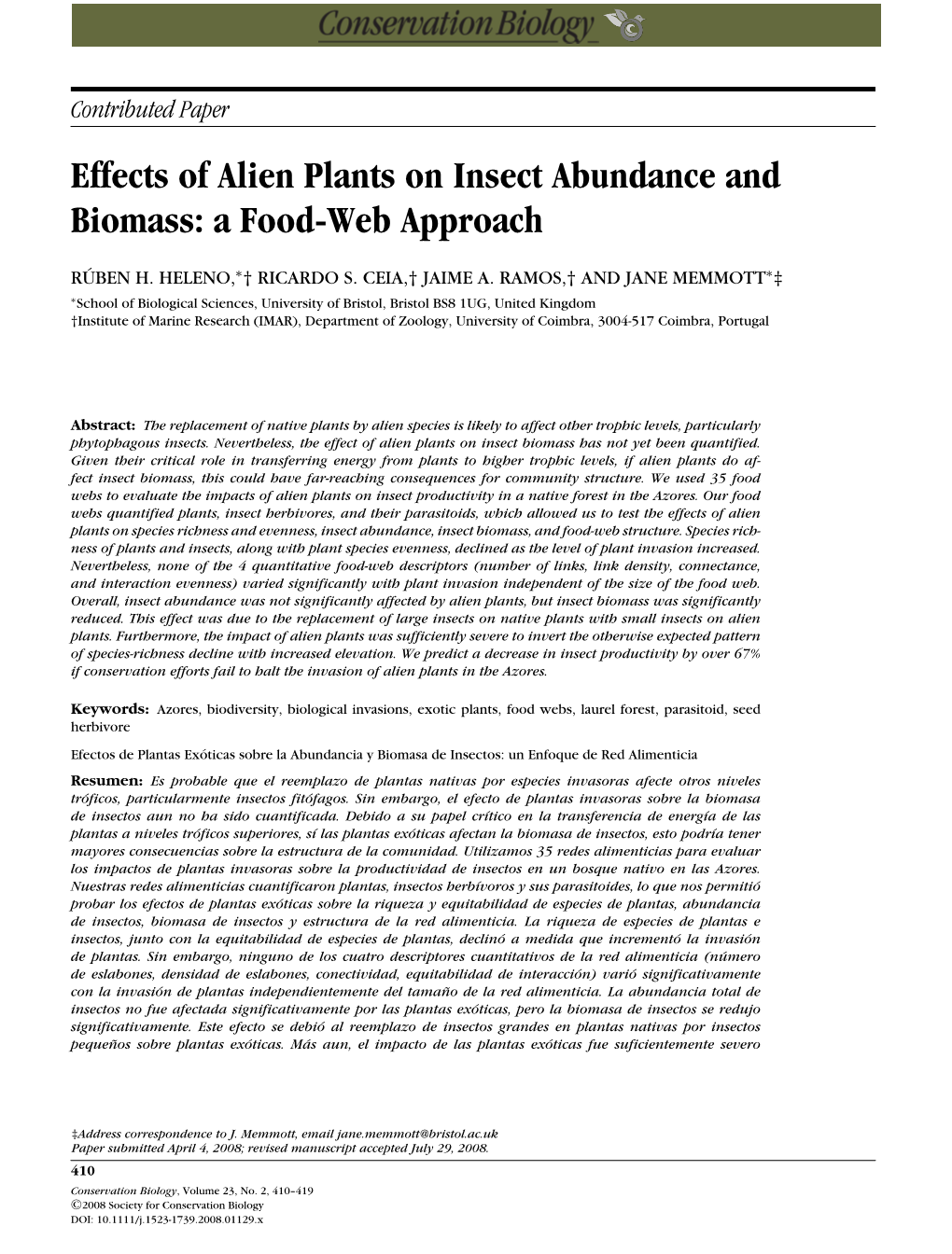 Effects of Alien Plants on Insect Abundance and Biomass: a Food-Web Approach