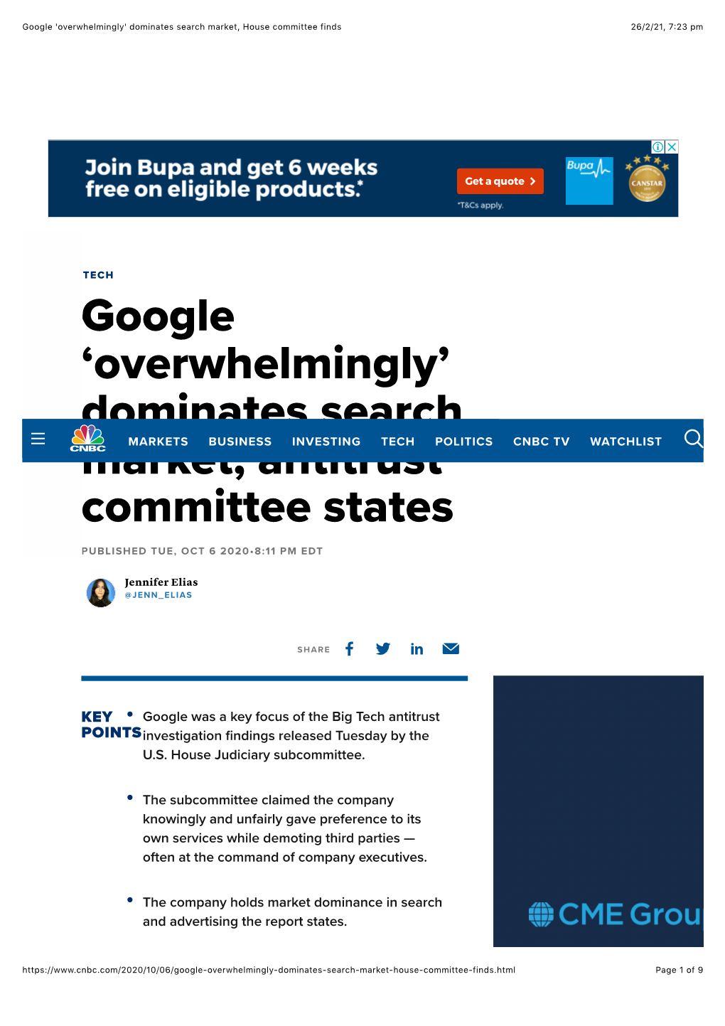 Google 'Overwhelmingly' Dominates Search Market, House Committee Finds 26/2/21, 7�23 Pm