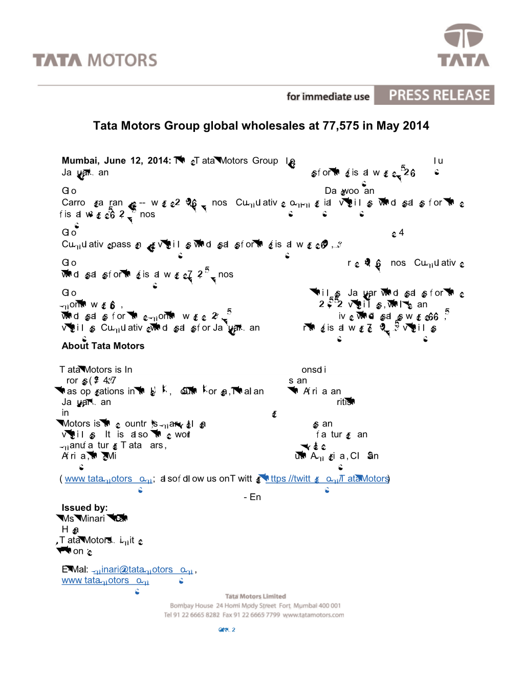 Tata Motors Group Global Wholesales at 77,575 in May 2014