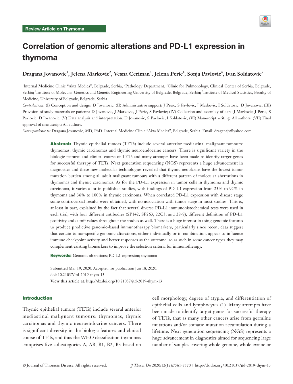 Correlation of Genomic Alterations and PD-L1 Expression in Thymoma