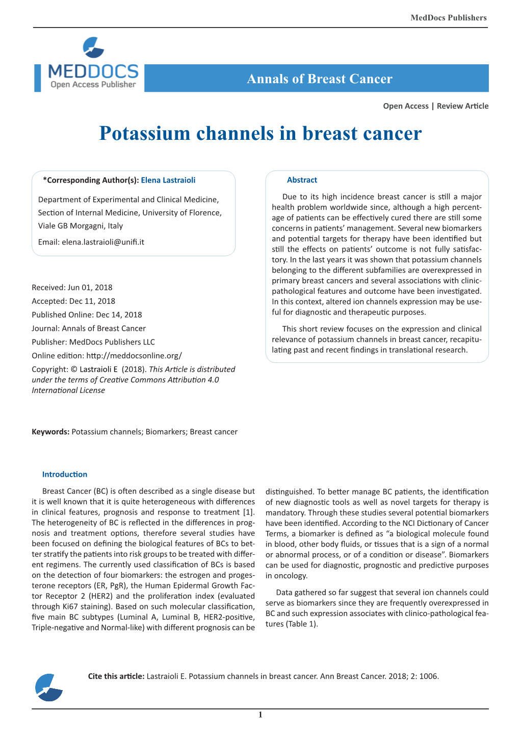 Potassium Channels in Breast Cancer