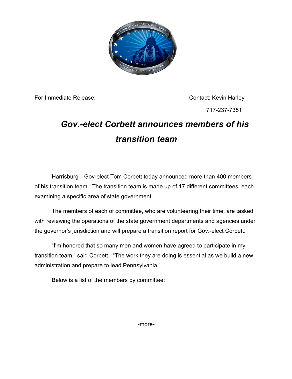 Gov.-Elect Corbett Announces Members of His Transition Team