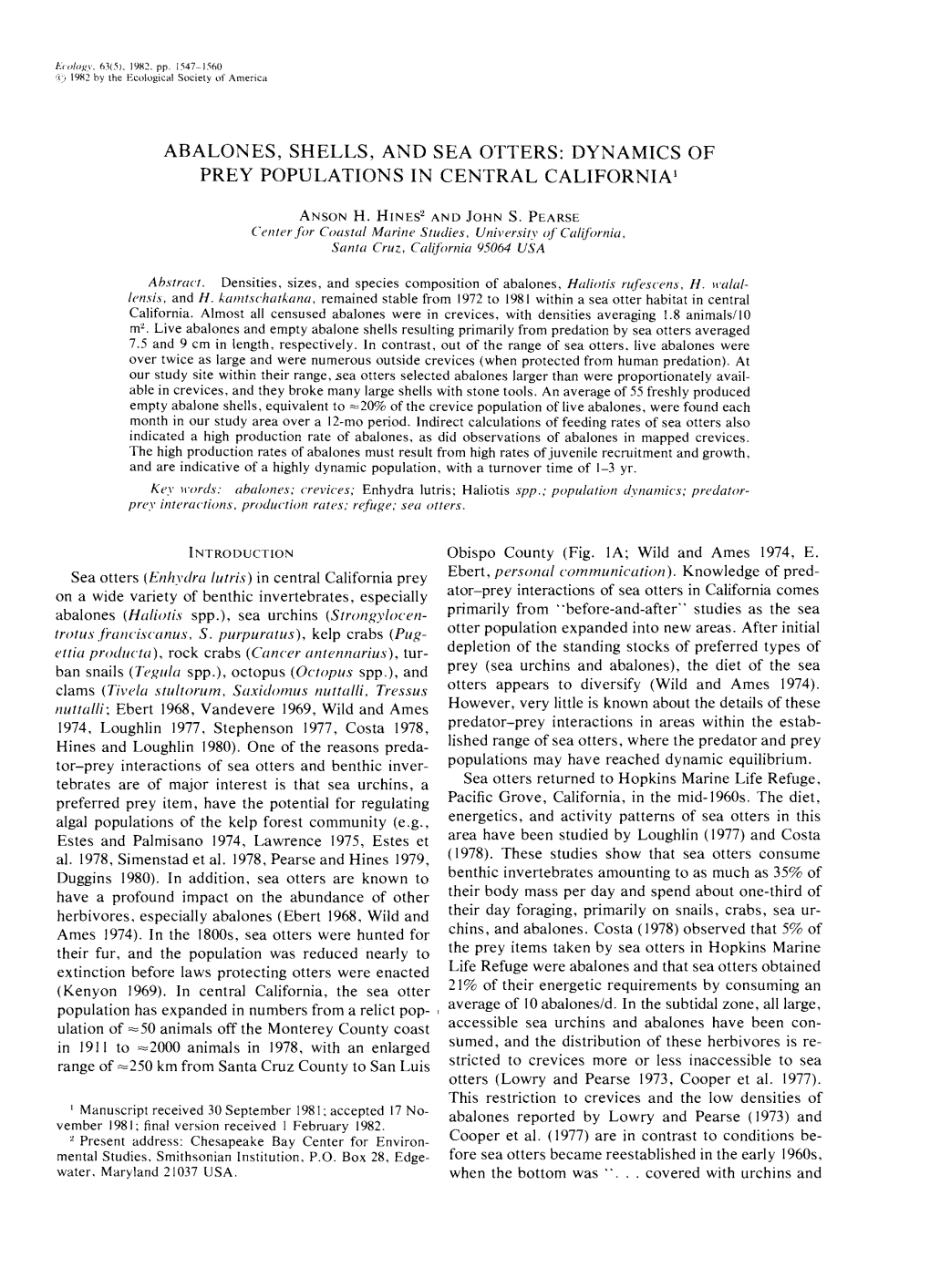 ABALONES, SHELLS, and SEA OTTERS: DYNAMICS of PREY POPULATIONS in CENTRAL Californial