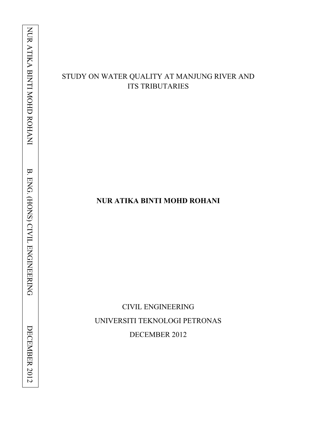 Study on Water Quality at Manjung River and Its Tributaries
