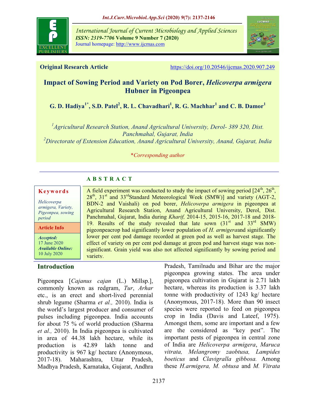 Impact of Sowing Period and Variety on Pod Borer, Helicoverpa Armigera Hubner in Pigeonpea