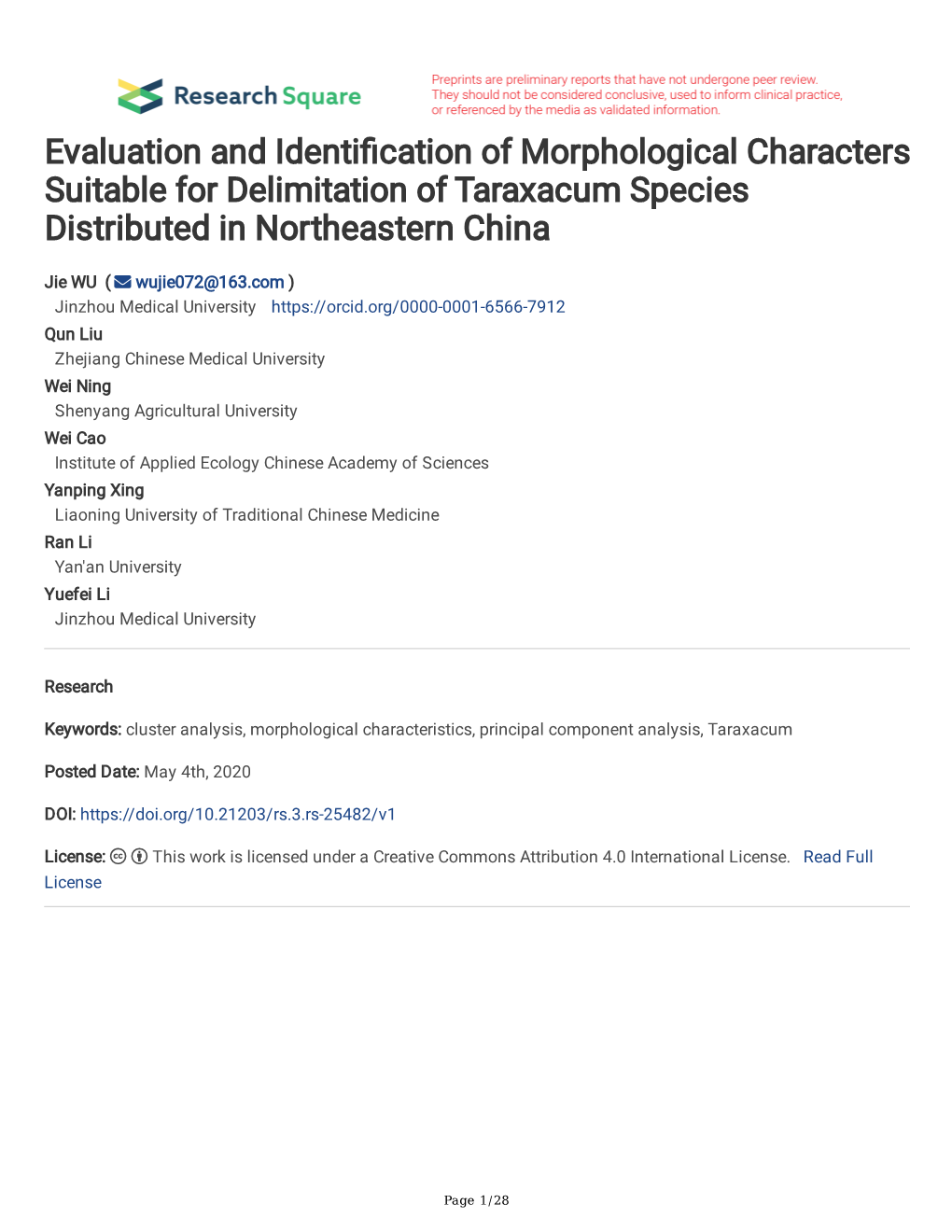 Evaluation and Identi Cation of Morphological Characters Suitable