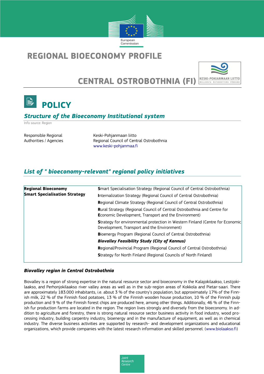 Regional Bioeconomy Profile Central Ostrobothnia (Fi