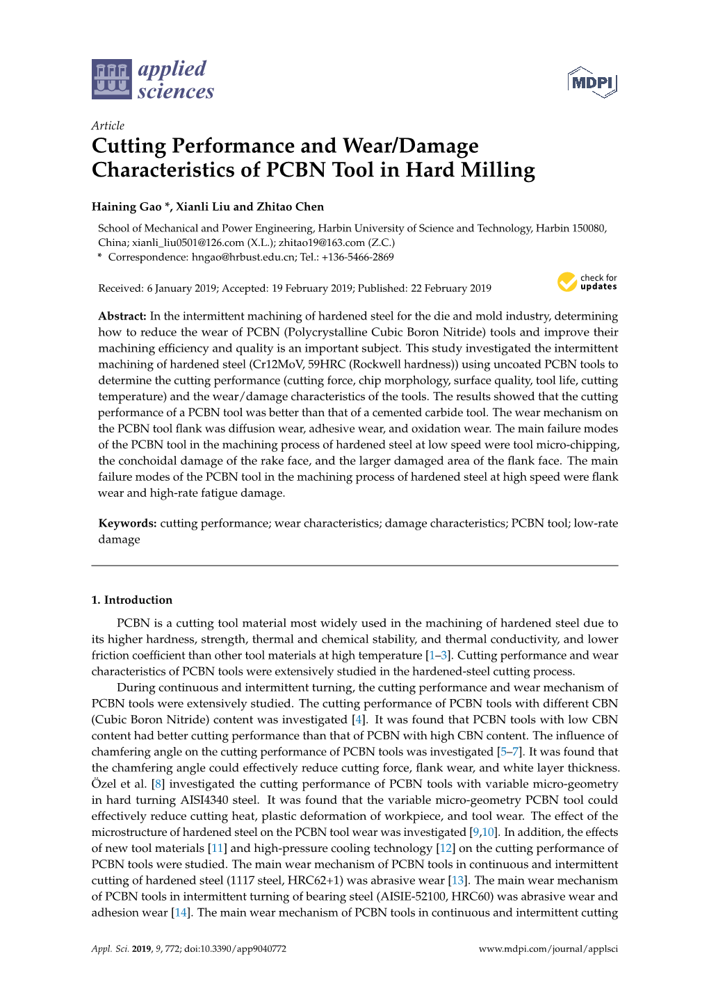 Cutting Performance and Wear/Damage Characteristics of PCBN Tool in Hard Milling