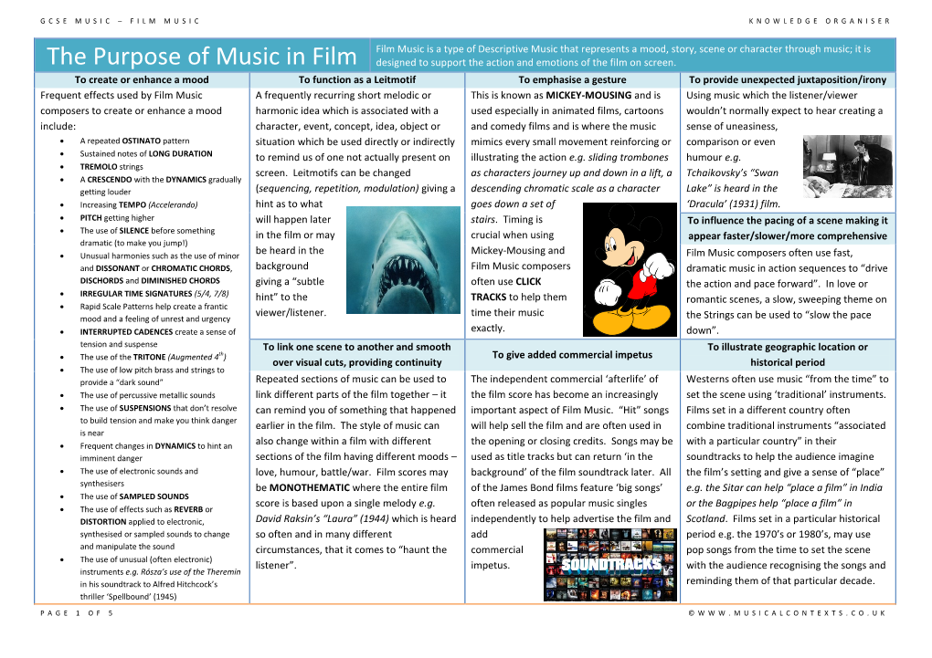 The Purpose of Music in Film Film Music Is a Type of Descriptive Music