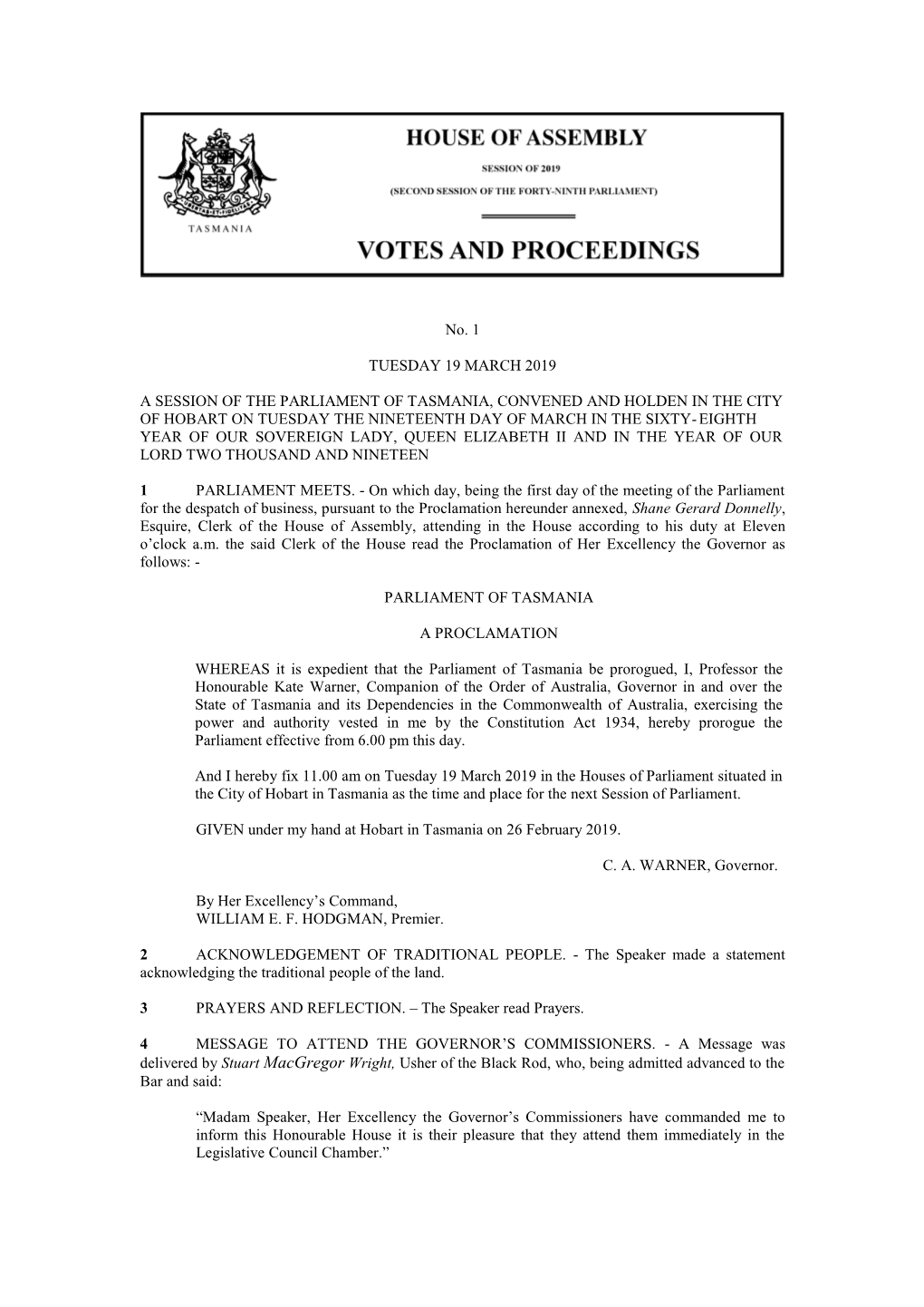 No. 1 TUESDAY 19 MARCH 2019 a SESSION of the PARLIAMENT