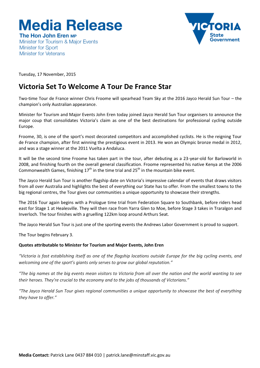 Victoria Set to Welcome a Tour De France Star