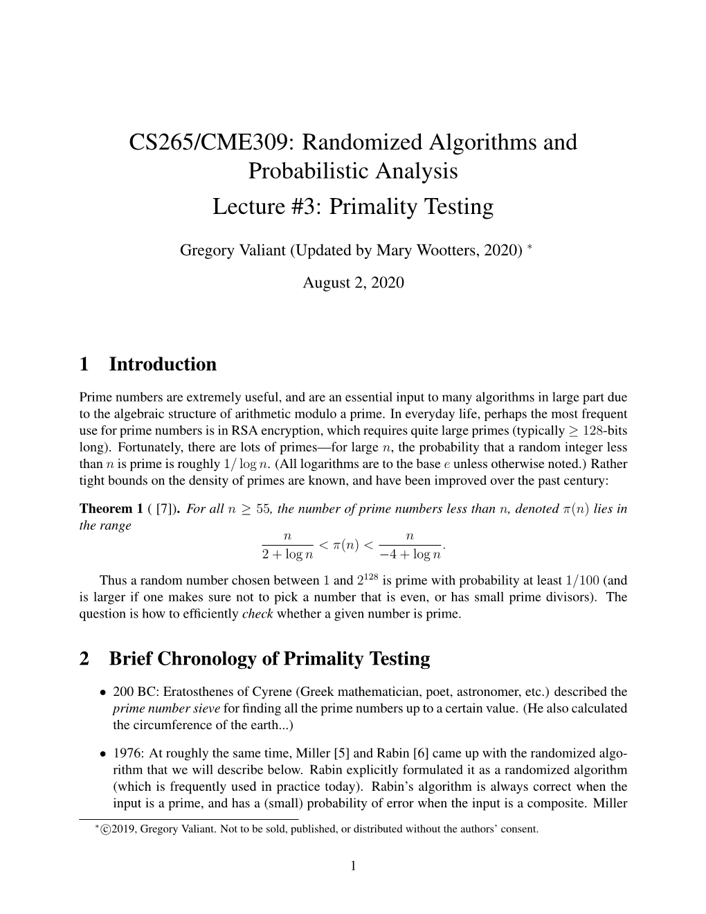 Randomized Algorithms and Probabilistic Analysis Lecture #3: Primality Testing