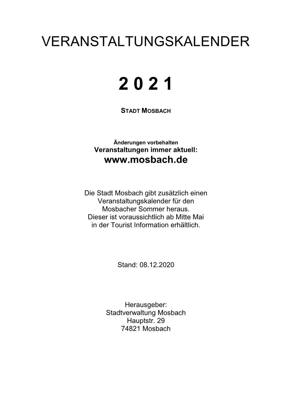 Veranstaltungskalender 2021 Für Die Stadt Mosbach Zum Download