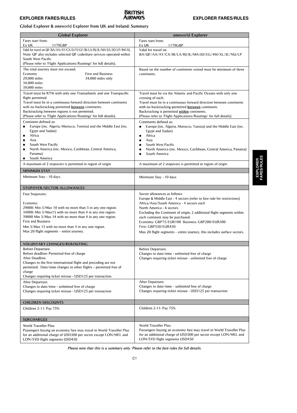 EXPLORER FARES/RULES EXPLORER FARES/RULES Global Explorer & Oneworld Explorer from UK and Ireland: Summary