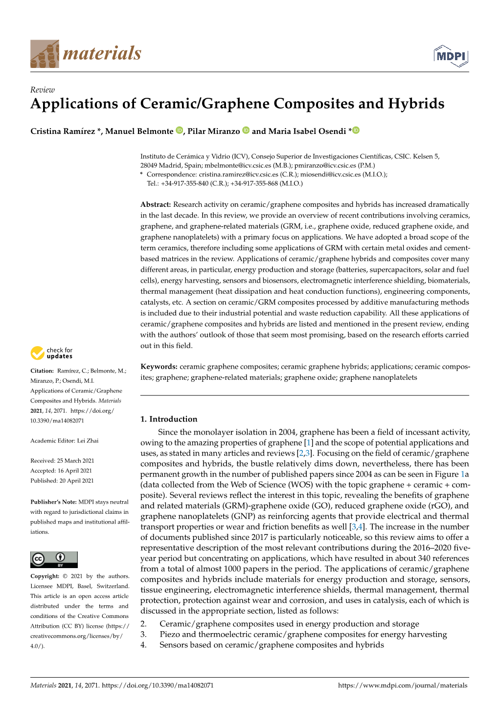 Applications of Ceramic/Graphene Composites and Hybrids