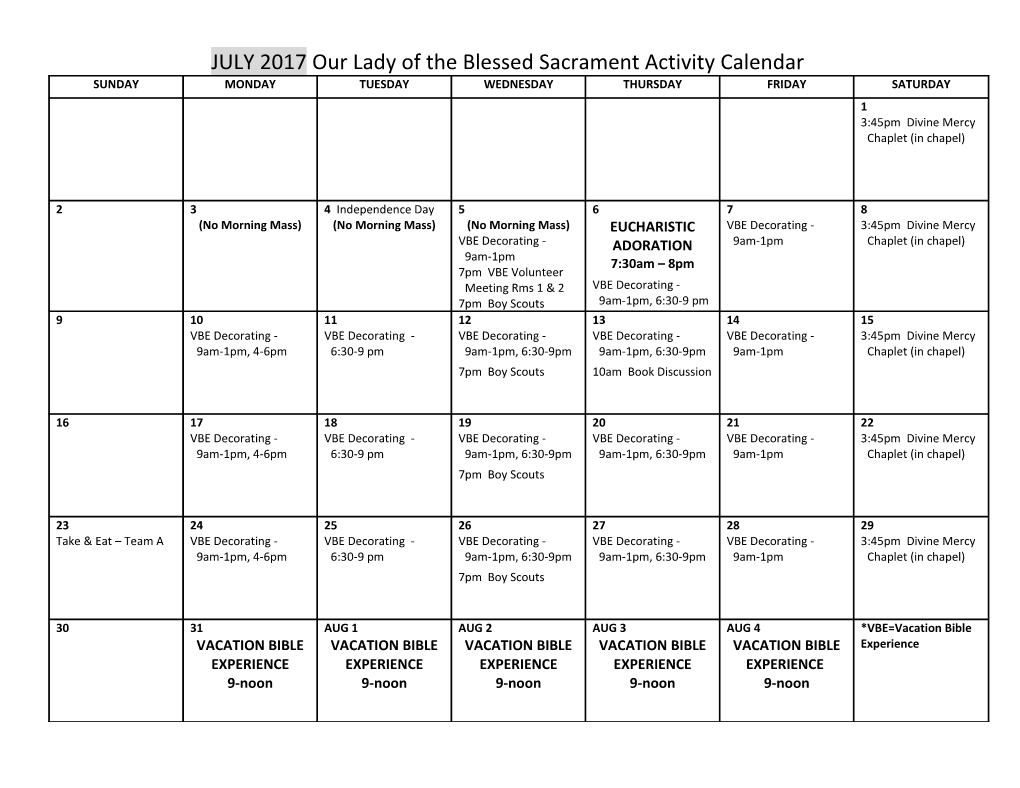 JULY 2017 Our Lady of the Blessed Sacrament Activity Calendar