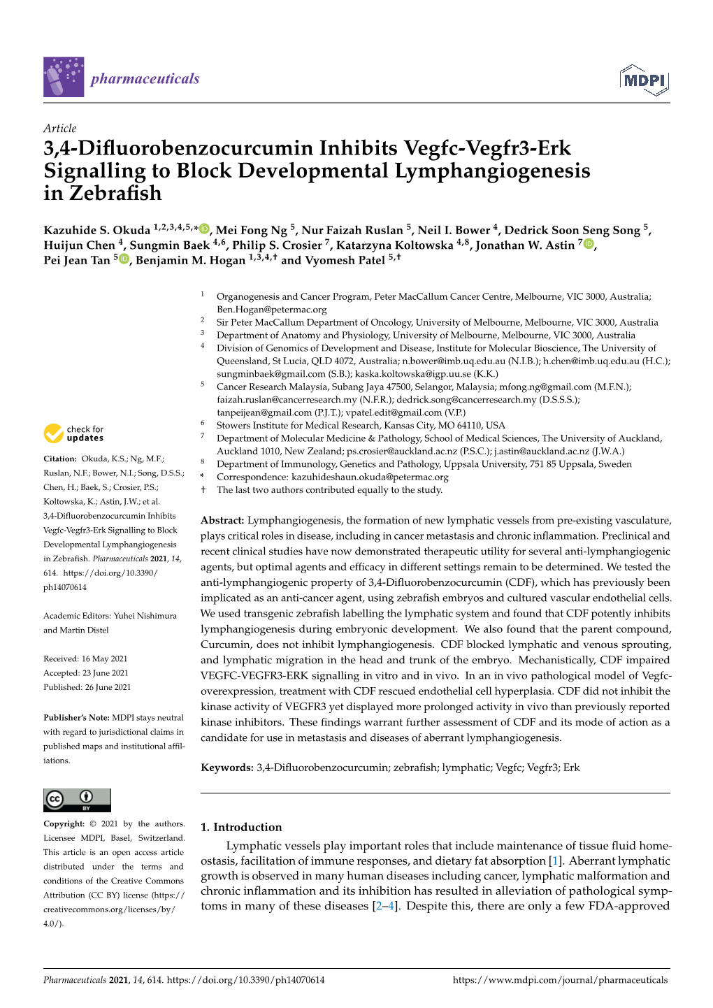 3,4-Difluorobenzocurcumin Inhibits Vegfc-Vegfr3-Erk Signalling