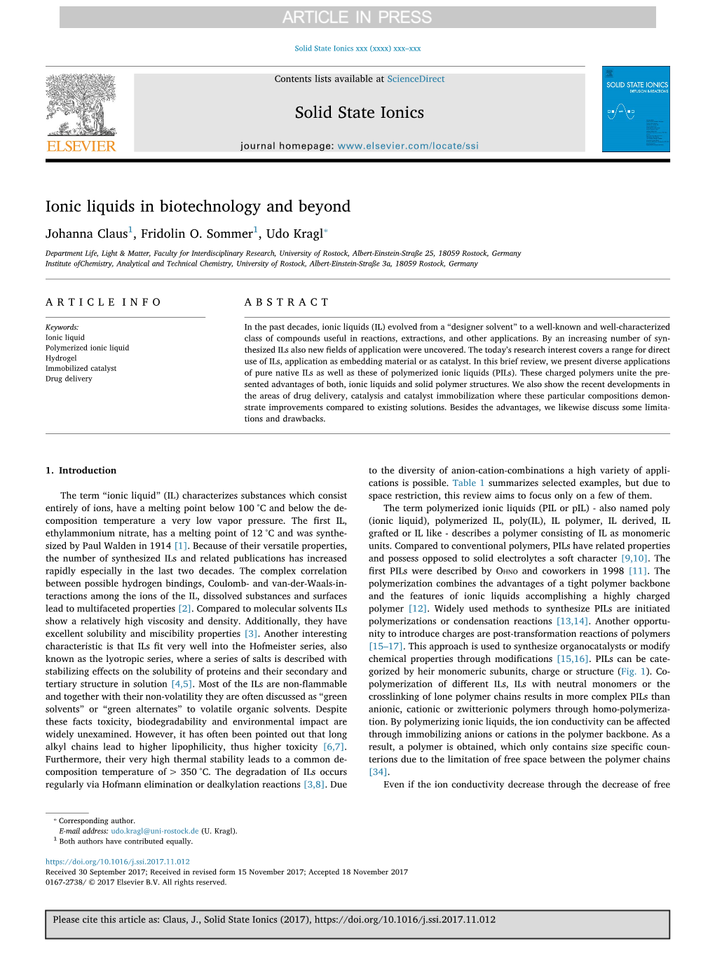 Ionic Liquids in Biotechnology and Beyond ⁎ Johanna Claus1, Fridolin O